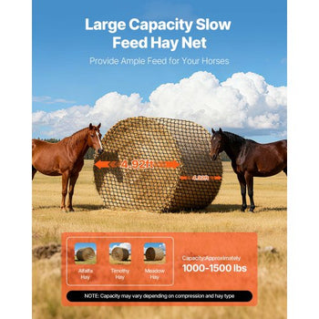Round Bale Hay Net, 4.92 x 4.92 x 4.92 ft, 1.5 inch Holes, PE Material, Knotless Design, with Zip Ties, Needle Shuttle, Repair Twine and Storage Bag, Slow Feeder Round Bale Net for Horses