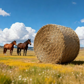 Round Bale Hay Net, 4.92 x 4.92 x 4.92 ft, 1.5 inch Holes, PE Material, Knotless Design, with Zip Ties, Needle Shuttle, Repair Twine and Storage Bag, Slow Feeder Round Bale Net for Horses