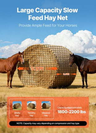 Round Bale Hay Net, 5.91 x 5.91 x 5.91 ft, 1.5 inch Holes, PE Material, Knotless Design, with Zip Ties, Needle Shuttle, Repair Twine and Storage Bag, Slow Feeder Round Bale Net for Horses