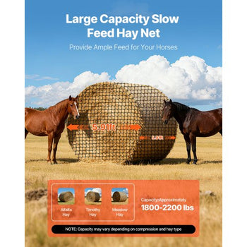 Round Bale Hay Net, 5.91 x 5.91 x 5.91 ft, 1.5 inch Holes, PE Material, Knotless Design, with Zip Ties, Needle Shuttle, Repair Twine and Storage Bag, Slow Feeder Round Bale Net for Horses