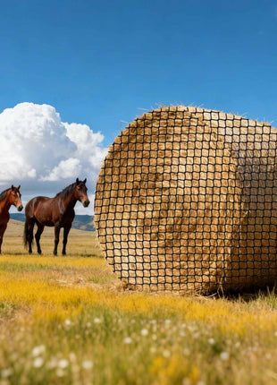 Round Bale Hay Net, 5.91 x 5.91 x 5.91 ft, 1.5 inch Holes, PE Material, Knotless Design, with Zip Ties, Needle Shuttle, Repair T and Storage Bag, Slow Feeder Round Bale Net for Horses