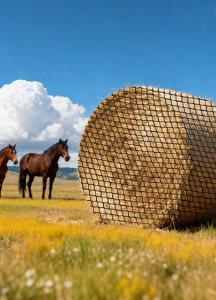 Round Bale Hay Net, 4.92 x 4.92 x 4.92 ft, 1.65 inch Holes, PE Material, Knotless Design, with Self-Locking Zip Ties, Needle Shuttle, and Repair Twine, Slow Feeder Round Bale Net for Horses