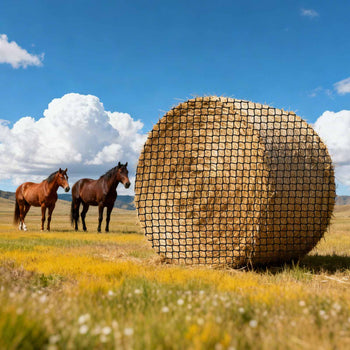 Round Bale Hay Net, 5.91 x 5.91 x 5.91 ft, 1.65 inch Holes, PE Material, Knotless Design, with Zip Ties, Needle Shuttle, Repair T and Storage Bag, Slow Feeder Round Bale Net for Horses