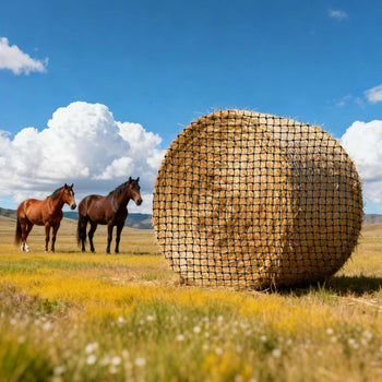 Round Bale Hay Net, 4.92 x 4.92 x 4.92 ft, 1.75 inch Holes, PE Material, Reinforced Knotted Design, with Zip Ties, Needle Shuttle, and Repair Twine, Slow Feeder Round Bale Net for Horses