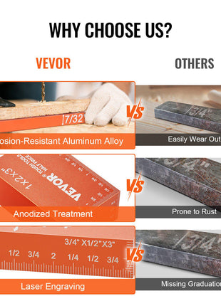 Corrosion-resistant VEVOR orange aluminum ruler with laser-engraved measurements for precision in woodworking.