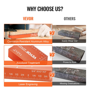 Corrosion-resistant VEVOR orange aluminum ruler with laser-engraved measurements for precision in woodworking.