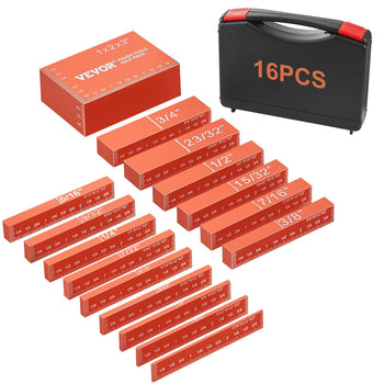 16-piece VEVOR measuring tool set in red plastic with black carrying case for precise woodworking measurements.