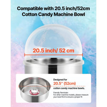 Cotton Candy Machine Cover, Transparent Acrylic Dome Bubble Shield, Cotton Candy Machine Bubble Shield Compatible with 20.5in Cottons Candies Machines Bowl for Party, Shops, Bottom Groove Design