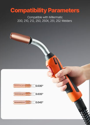250Amp Mig Welding Gun with 15FT Cable, Compatible with Millermatic 200, 210, 212, 250, 250X, 251, 252 Welders, Suitable for 0.030", 0.035" and 0.045" Welding Wires