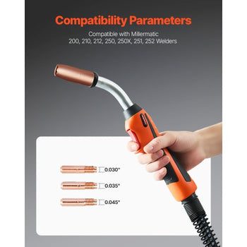 250Amp Mig Welding Gun with 15FT Cable, Compatible with Millermatic 200, 210, 212, 250, 250X, 251, 252 Welders, Suitable for 0.030", 0.035" and 0.045" Welding Wires