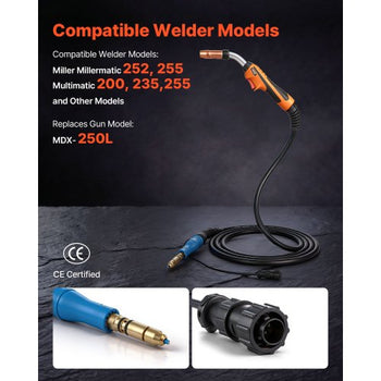 250A MIG Welding Gun with 15FT Cable, Replacement for Miller MDX-250 - with 11PCS Mig Welding Contact Tips