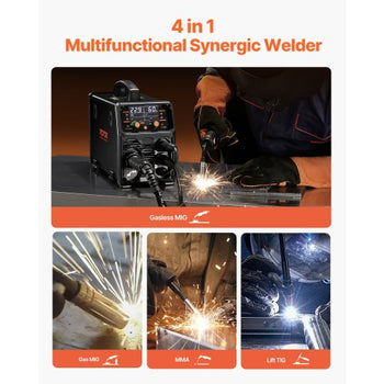 MIG Welder, 200A Synergic Mig Welding Machine, 4-in-1 Gas MIG/Flux Core MIG/Stick/Lift TIG Multi-Process Welder Machine, 110V/220V Dual Voltage Mig Welder with IGBT Inverter & LCD Screen Display
