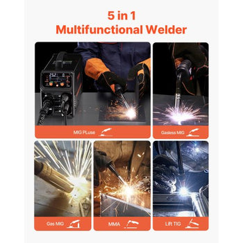 Pro MIG Welder, 200A Pluse Mig Welding Machine, 5-in-1 Multi-Functional Welder Machine MIG Pluse/Gas MIG/Flux Core MIG/Stick/Lift TIG, 110V/220V Dual Voltage Aluminum Mig Welder with LCD Display
