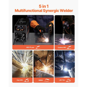 Pro MIG Welder, 250A Pluse Mig Welding Machine, 5-in-1 Synergic Welder Machine MIG Pluse/Gas MIG/Flux Core MIG/Stick/Lift TIG, 110V/220V Dual Voltage Aluminum Mig Welder with LCD Screen Display