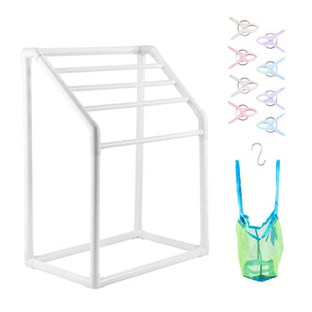 Towel Rack, 5 Bars Outdoor PVC Towel Holder, Freestanding Pool Towel Hanger Stand with Clips, Bag & Hook, Outdoor Indoor Quilt Drying Rack Organizer, Ideal for Poolside, Bathroom, Spa, White