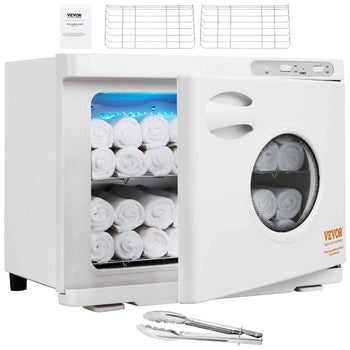 Vevor white towel warmer, compact design, holds rolled towels, includes tongs, perfect for spas and salons.