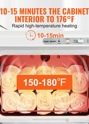 Rapid heating towel warmer with a sleek white design, reaching temperatures of 150-180°F in 10-15 minutes.