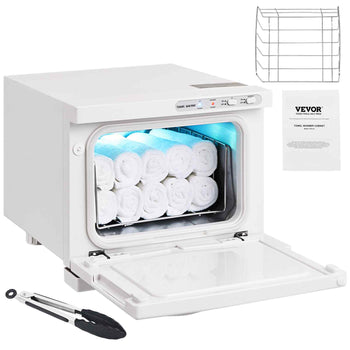 White towel warmer cabinet with blue and white rolled towels inside, includes tongs and wire rack for easy organization.