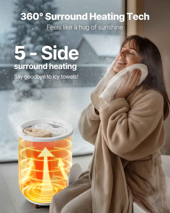 Cozy beige heated air circulator with 360° surround heating tech for warmth and comfort in chilly weather.