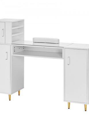 Manicure Table, Glass Top Nail Desk, Makeup Dressing Nail Station with Storage Cabinets, Acetone-Resistant Nail Tech Table for Beauty Salon Spa Workstation with 8 Metal Legs, Wrist Rest, White