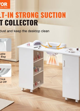 Manicure Table, Nail Table Station with Electric Dust Collector, Moveable Nail Tech Desk with 8 Wheels (4 Lockable), 3 Dust Bag & Wrist Rest, MDF Nail Art Workstation for Spa Beauty Salon, White