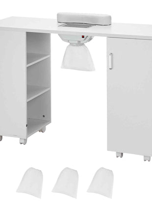 Manicure Table, Nail Table Station with Electric Dust Collector, Moveable Nail Tech Desk with 8 Wheels (4 Lockable), 3 Dust Bag & Wrist Rest, MDF Nail Art Workstation for Spa Beauty Salon, White