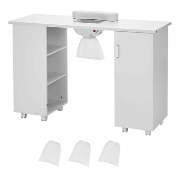 Manicure Table, Nail Table Station with Electric Dust Collector, Moveable Nail Tech Desk with 8 Wheels (4 Lockable), 3 Dust Bag & Wrist Rest, MDF Nail Art Workstation for Spa Beauty Salon, White