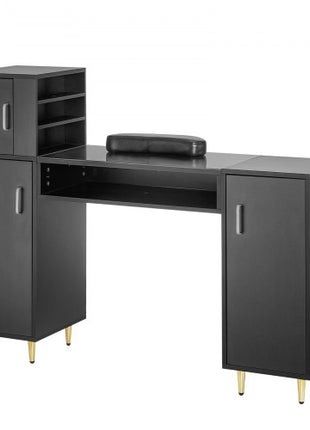 Manicure Table, Glass Top Nail Desk, Makeup Dressing Nail Station with Storage Cabinets, Acetone-Resistant Nail Tech Table for Spa Beauty Salon Workstation with Wrist Rest, 8 Metal Legs, Black