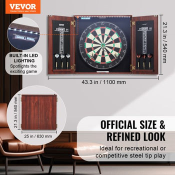 Dartboard and Cabinet Set, Ready-to-Play Bundle Official Size Dartboard Cabinet, Steel Tip Dart Hideaway Cabinet, Features LED Light, Easy Assembly, Complete with All Accessory, for Cricket Game