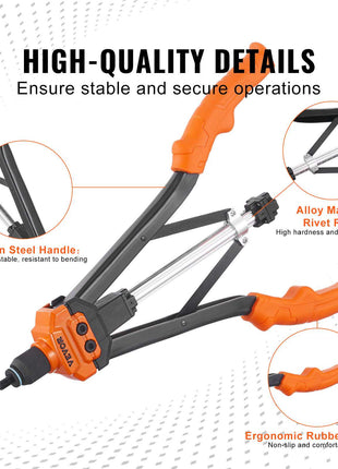High-quality rivet gun with orange ergonomic rubber handles and carbon steel structure for durability and secure grip.