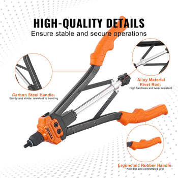 High-quality rivet gun with orange ergonomic rubber handles and carbon steel structure for durability and secure grip.