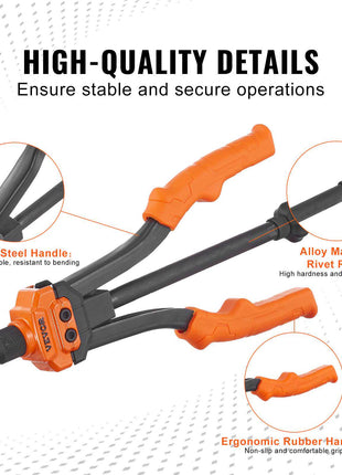 Orange and black ergonomic rivet gun with carbon steel handle, alloy rod, and non-slip rubber grips for secure operation.