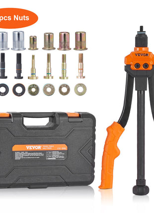 VEVOR 70-piece nut and bolt toolkit with black carrying case, featuring orange handle hydraulic riveter and assorted nuts.
