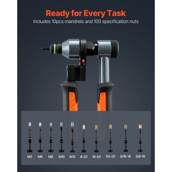 Rivet Nut Tool Kit, 9-Inch Ratchet Rivnut Tool Kit, with 10 Mandrels and 100 Nuts, Metric and SAE Size M5, M6, M8, M10, M12, 8-32, 10-24, 1/4-20, 5/16-18, 3/8-16 UNC, with a Rugged Carrying Case