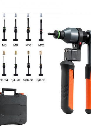 Rivet Nut Tool Kit, 9-Inch Ratchet Rivnut Tool Kit, with 10 Mandrels and 100 Nuts, Metric and SAE Size M5, M6, M8, M10, M12, 8-32, 10-24, 1/4-20, 5/16-18, 3/8-16 UNC, with a Rugged Carrying Case