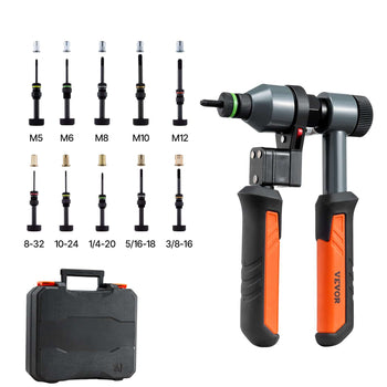 Rivet Nut Tool Kit, 9-Inch Ratchet Rivnut Tool Kit, with 10 Mandrels and 100 Nuts, Metric and SAE Size M5, M6, M8, M10, M12, 8-32, 10-24, 1/4-20, 5/16-18, 3/8-16 UNC, with a Rugged Carrying Case