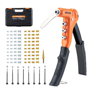 Rivet Nut Tool Kit, 9-Inch One-Handed Rivnut Tool Kit, with 8 Mandrels, a Step Drill Bit and 80 Nuts, Metric and SAE Size M3, M4, M5, M6, 6-32, 8-32, 10-24, 1/4-20 UNC, with a Carrying Case