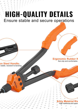 Orange ergonomic rubber handle rivet tool with a durable carbon steel body and alloy material rod for secure operations.