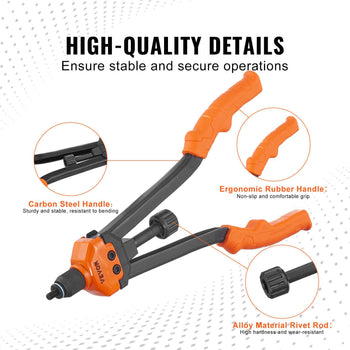 Orange ergonomic rubber handle rivet tool with a durable carbon steel body and alloy material rod for secure operations.