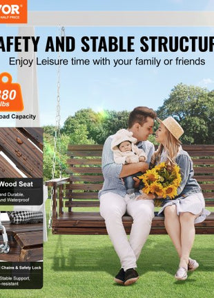 Wooden Porch Swing 4.5 ft, Patio bench swing for Courtyard & Garden, Upgraded 880 lbs Strong Load Capacity, Heavy Duty Swing Chair Bench with Hanging Chains for Outdoors, Carbonized Brown