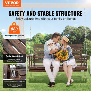 Wooden Porch Swing 4.5 ft, Patio bench swing for Courtyard & Garden, Upgraded 880 lbs Strong Load Capacity, Heavy Duty Swing Chair Bench with Hanging Chains for Outdoors, Carbonized Brown