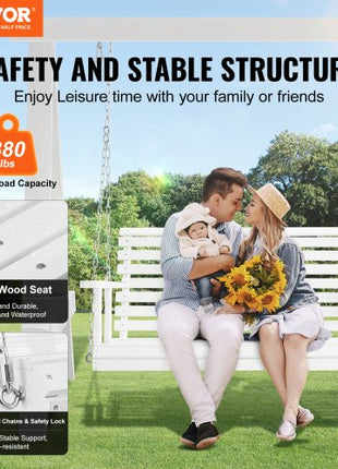 Wooden Porch Swing 4 ft, Patio bench swing for Courtyard & Garden, Upgraded 880 lbs Strong Load Capacity, Heavy Duty Swing Chair Bench with Hanging Chains for Outdoors, White