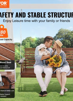 Wooden Porch Swing 5.5 ft, Patio bench swing for Courtyard & Garden, Upgraded 880 lbs Strong Load Capacity, Heavy Duty Swing Chair Bench with Hanging Chains for Outdoors, Brown