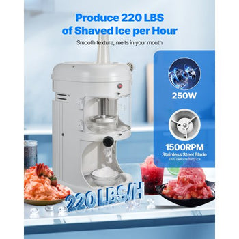 Commercial Ice Shaver Crusher, 220lbs/hr Electric Fluffy Ice & Snow Cone Machine, 250W 1500RPM Tabletop Fluffy Shaved-Ice Machine for Parties Events Snack Bar, Home and Commercial Use (White)