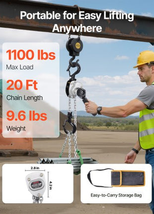 Manual Lever Chain Hoist, 1/2T 1100LBS Capacity Heavy Duty Come Along, 20FT Lift G80 Alloy Steel Chain With Dual Pawl Mechanical Brake,360°Rotating Hooks, for Warehouse Construction Garage