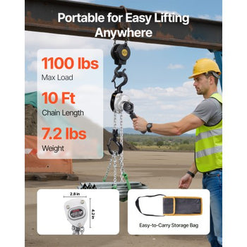 Manual Lever Chain Hoist, 1/2T 1100LBS Capacity Heavy Duty Come Along, 10FT Lift G80 Alloy Steel Chain With Dual Pawl Mechanical Brake,360°Rotating Hooks, for Warehouse Construction Garage