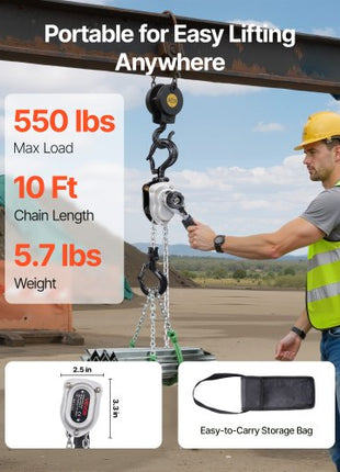 Manual Lever Chain Hoist, 1/4T 550LBS Capacity Heavy Duty Come Along, 10FT Lift G80 Alloy Steel Chain With Dual Pawl Mechanical Brake,360°Rotating Hooks, for Warehouse Construction Garage