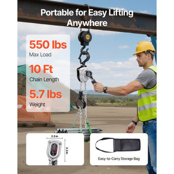Manual Lever Chain Hoist, 1/4T 550LBS Capacity Heavy Duty Come Along, 10FT Lift G80 Alloy Steel Chain With Dual Pawl Mechanical Brake,360°Rotating Hooks, for Warehouse Construction Garage