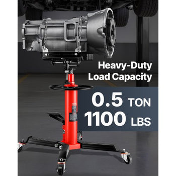 Transmission Jack,1/2Ton/1100lbs Capacity Hydraulic Telescopic Transmission Jack, 2-Stage Floor Jack Stand with Foot Pedal, 360° Swivel Wheel, Garage/Shop Lift Hoist, Red
