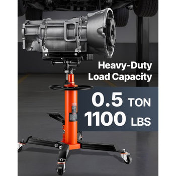 Transmission Jack, 1/2Ton/1100lbs Capacity Hydraulic Telescopic Transmission Jack, 2-Stage Floor Jack Stand with Foot Pedal, 360° Swivel Wheel, Garage/ Shop Lift Hoist, Orange
